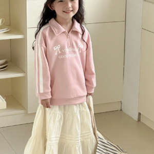 Áo nỉ bé gái hồng khóa kéo cổ bẻ họa tiết nơ