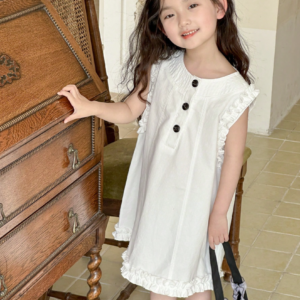 Váy Bé Gái Trắng Tay Bèo Vintage Nút